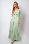 Vestido Dwz Longo com Manga e Franzido no Busto Liso'