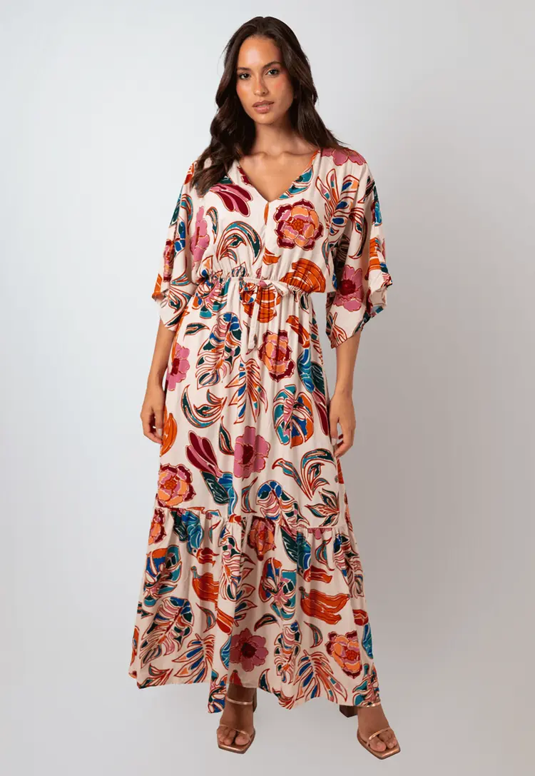 Vestido Dwz Manga Ampla Longa Estampada